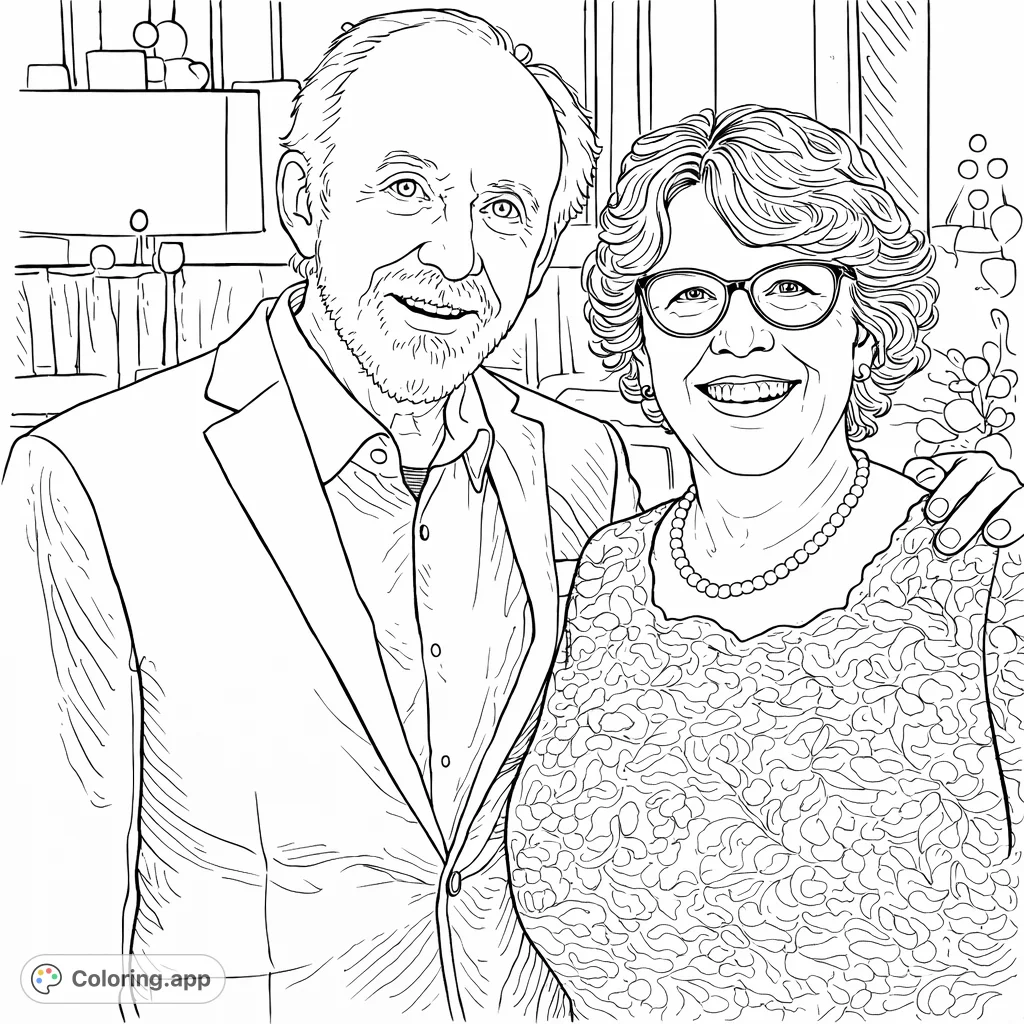 Capture the joyful expressions of a distinguished couple. This detailed portrait coloring page features intricate textures and an elegant setting.