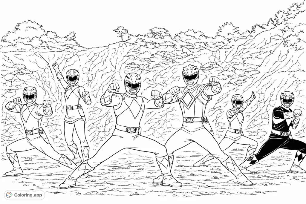 Unleash your inner hero with this dynamic hero team coloring page, featuring six powerful figures in action poses against a rugged backdrop.