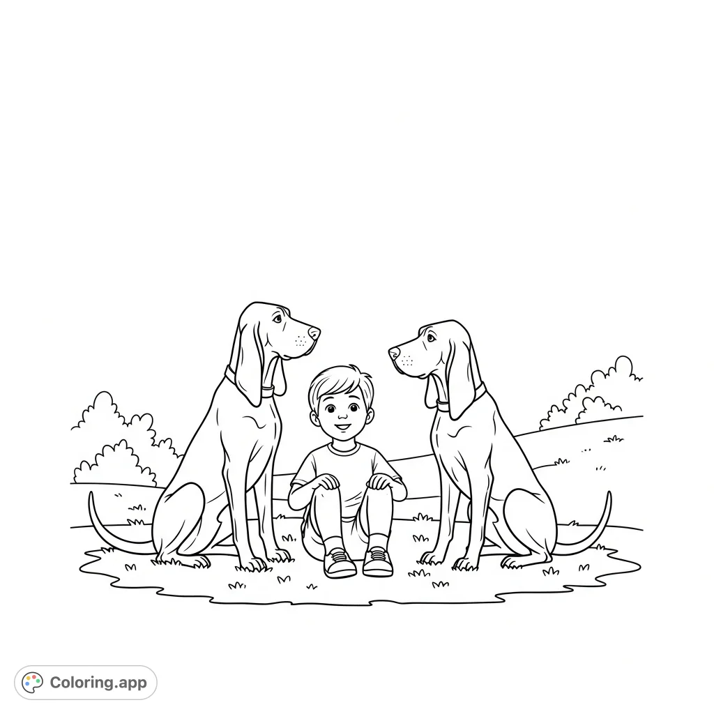 A heartwarming cartoon scene featuring a boy and his two loyal coonhound friends. Perfect for animal lovers and kids, offering a delightful and engaging coloring experience.
