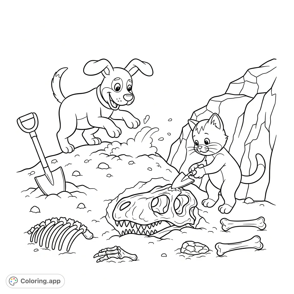 Join an adorable dog and cat duo on an exciting archaeological adventure as they unearth ancient dinosaur bones, creating a charming scene perfect for coloring.