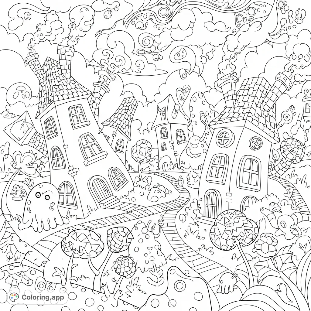 Step into a fantastical cartoon landscape filled with quirky structures, winding paths, and whimsical characters. Unleash imagination on this fun and crazy place coloring page.