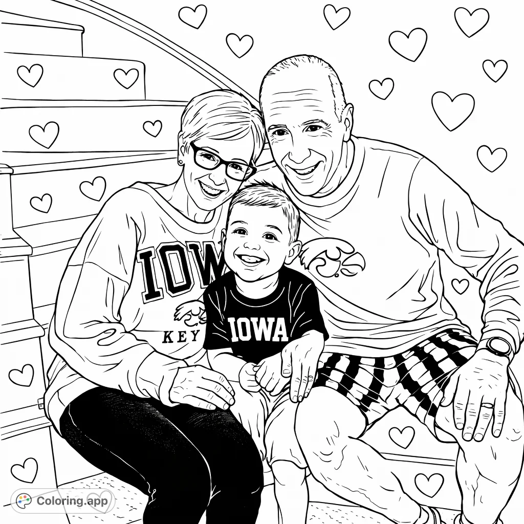 A heartwarming family portrait featuring a young child with their loving grandparents, all smiling brightly together on a staircase. Perfect for celebrating family bonds.