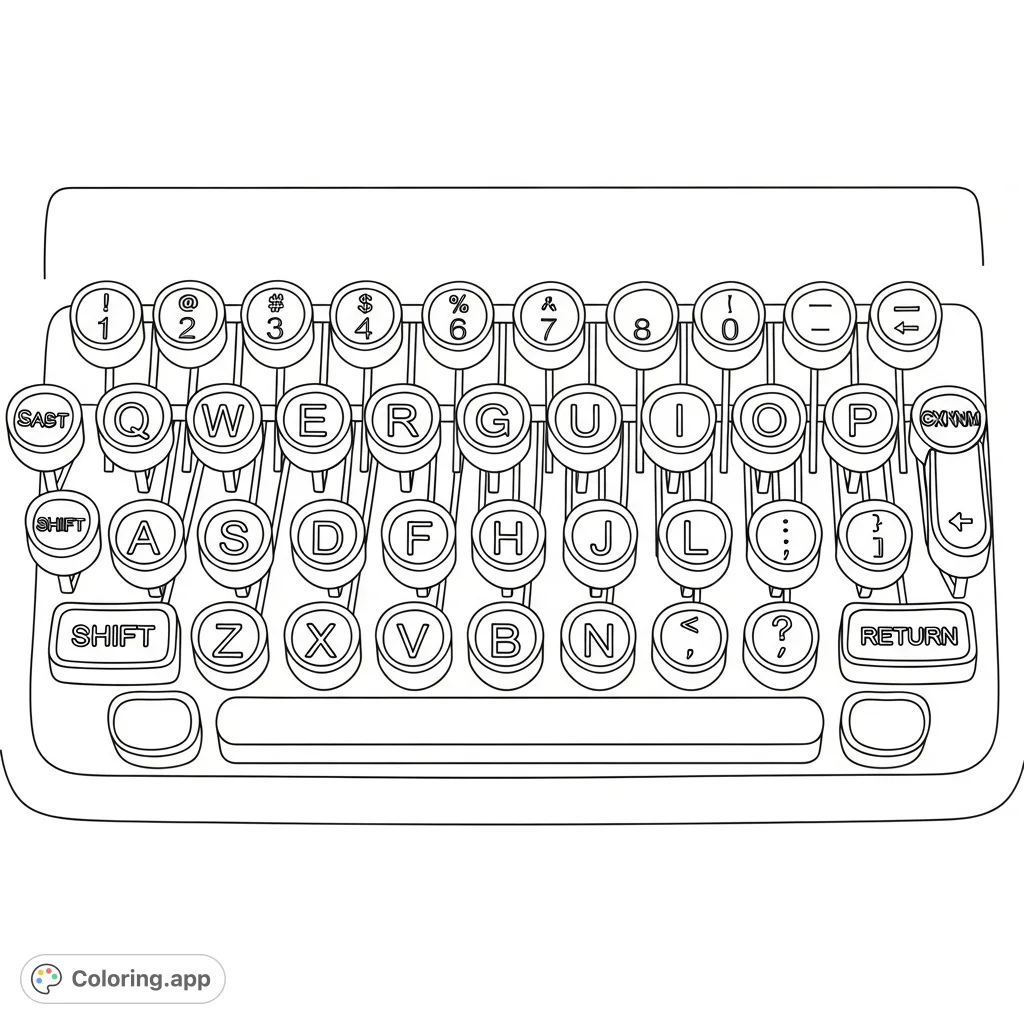 Explore the nostalgic layout of a classic typewriter keyboard from a top-down view. Detailed keys with letters, numbers, and symbols offer intricate coloring fun.