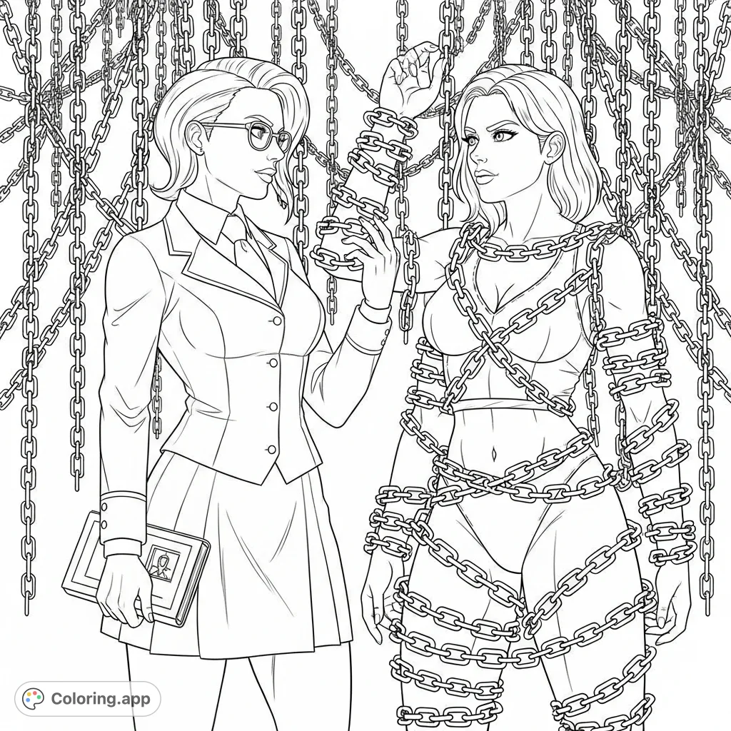 Two female twins, one a glasses-wearing scholar, the other adorned with intricate chains. A detailed adult coloring page exploring contrasts and complex themes.