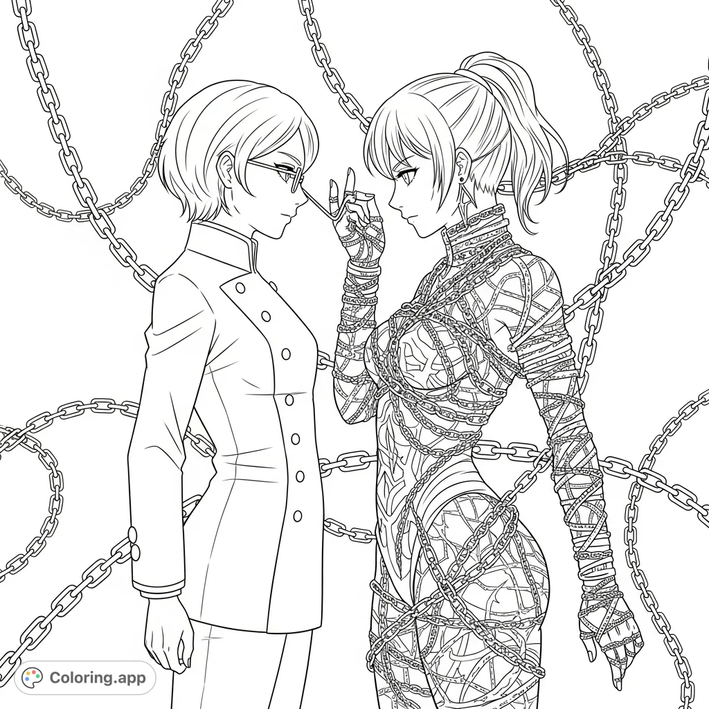 An intricate coloring page featuring two distinct female figures, one academic and one adorned with chains, set against a backdrop of intertwined chains.