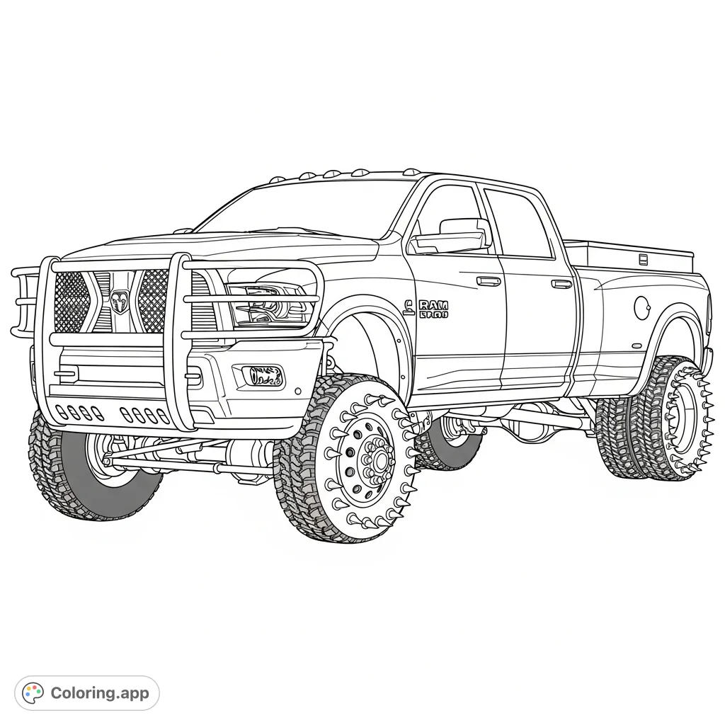 Color a powerful Dodge Ram 2500 dually truck with a high suspension lift, spiked lug nuts, a toolbox, and a heavy-duty bull bar, ready for adventure.