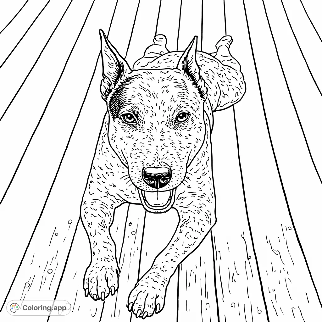 A charming speckled dog relaxing on a textured wooden deck. Perfect for detailed coloring, bringing this faithful companion to life.