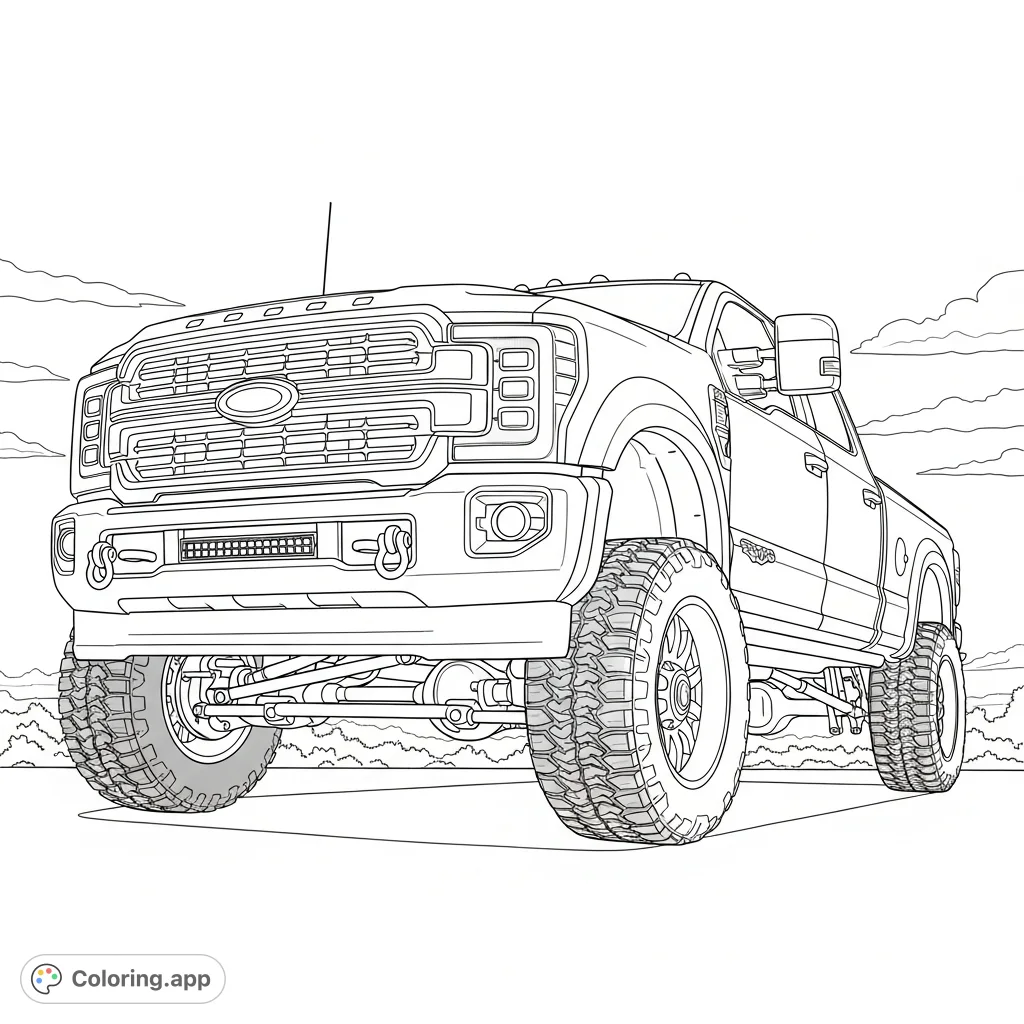 Unleash your creativity with this detailed lifted pickup truck coloring page, featuring aggressive styling, massive tires, and powerful lights.