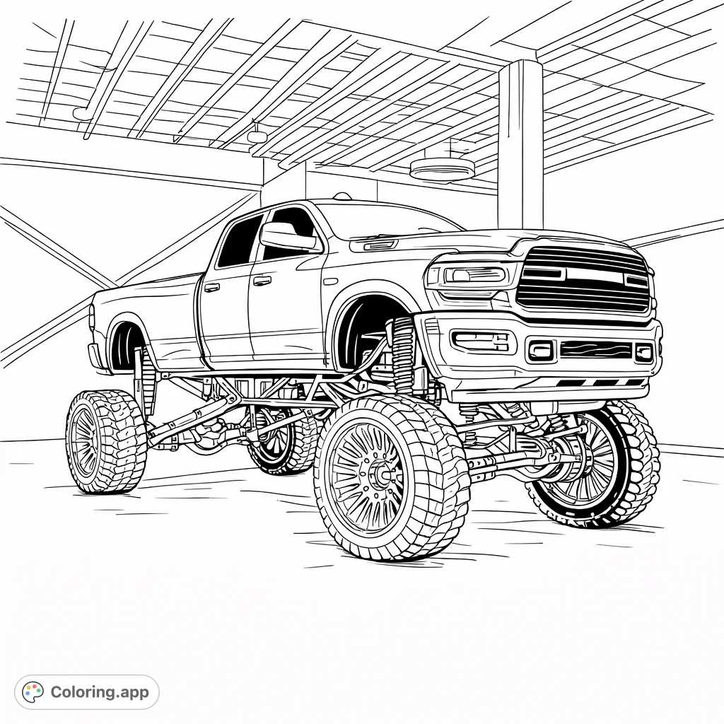 Color this powerful lifted pickup truck with its colossal custom wheels and intricate suspension. A dynamic design perfect for truck enthusiasts.