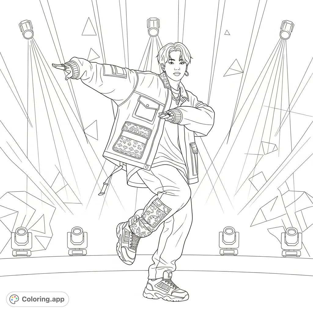 Unleash your creativity with a dynamic K-pop idol coloring page! Featuring a stylish dancer in trendy streetwear against a stage light background.