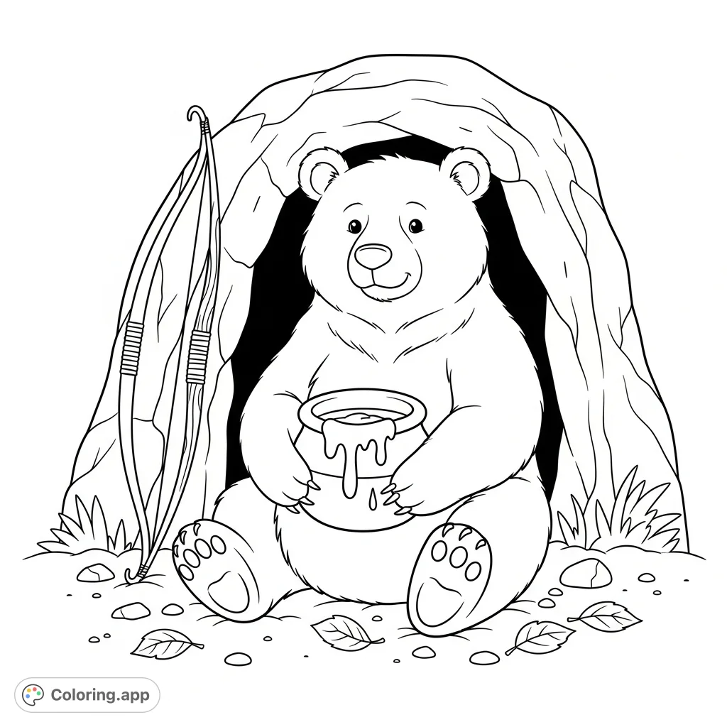 A charming free printable bear coloring page featuring a friendly bear enjoying a pot of honey at its den entrance amidst scattered leaves and pebbles.