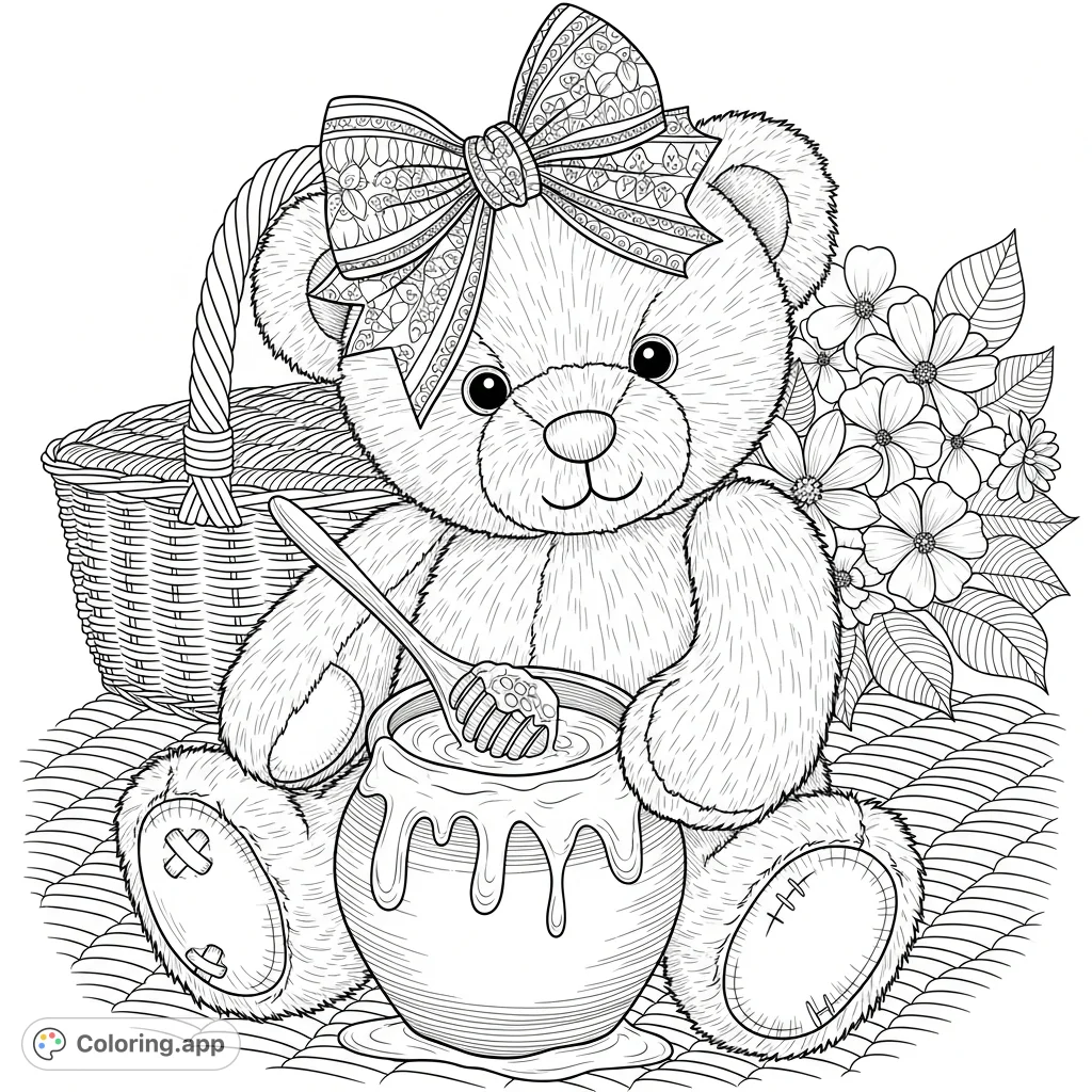 An intricate teddy bear with a patterned bow and a dripping honey pot, set against a detailed picnic scene. A challenging and rewarding coloring experience.