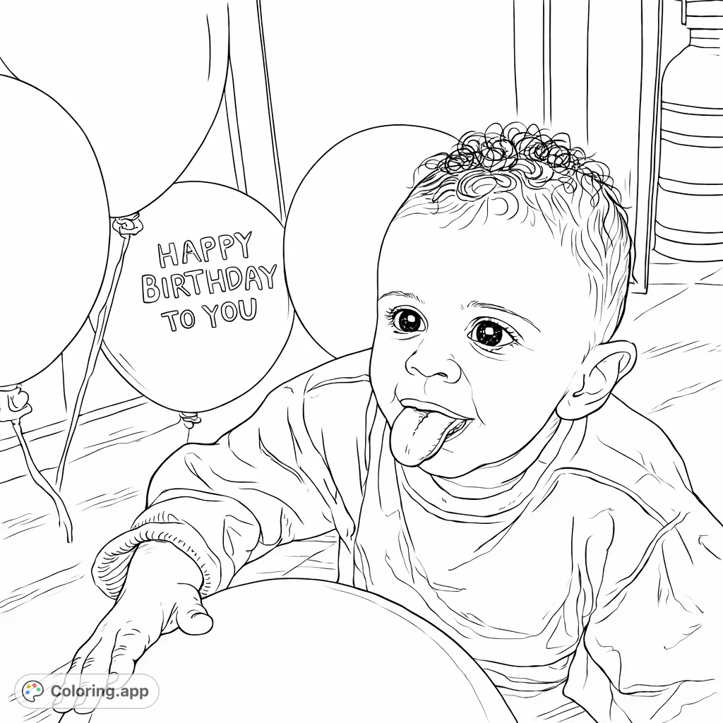 A delightful baby playfully sticks out its tongue, surrounded by festive balloons. This fun birthday scene is perfect for all ages to color and celebrate.