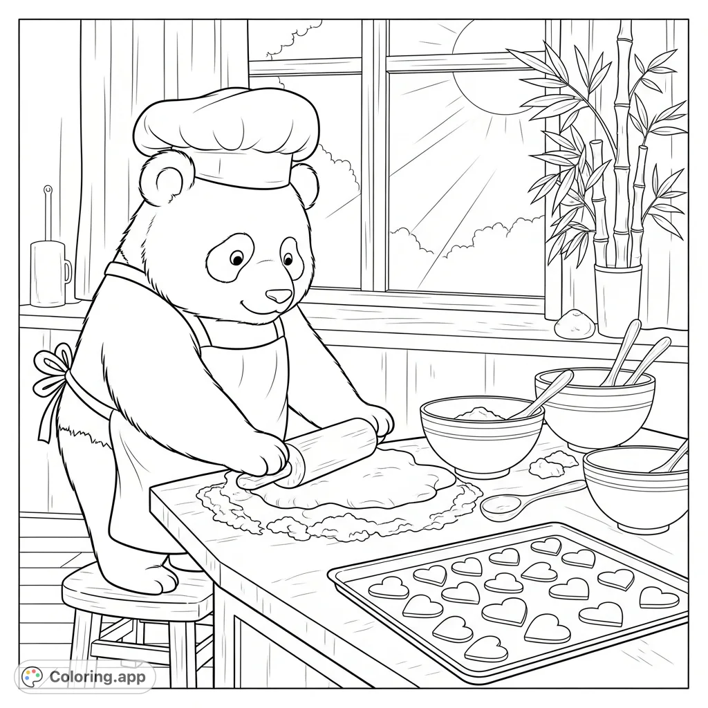 Join a fluffy panda in a cozy kitchen, busy baking heart-shaped cookies. Flour dust, mixing bowls, and a sunny window create a delightful scene.