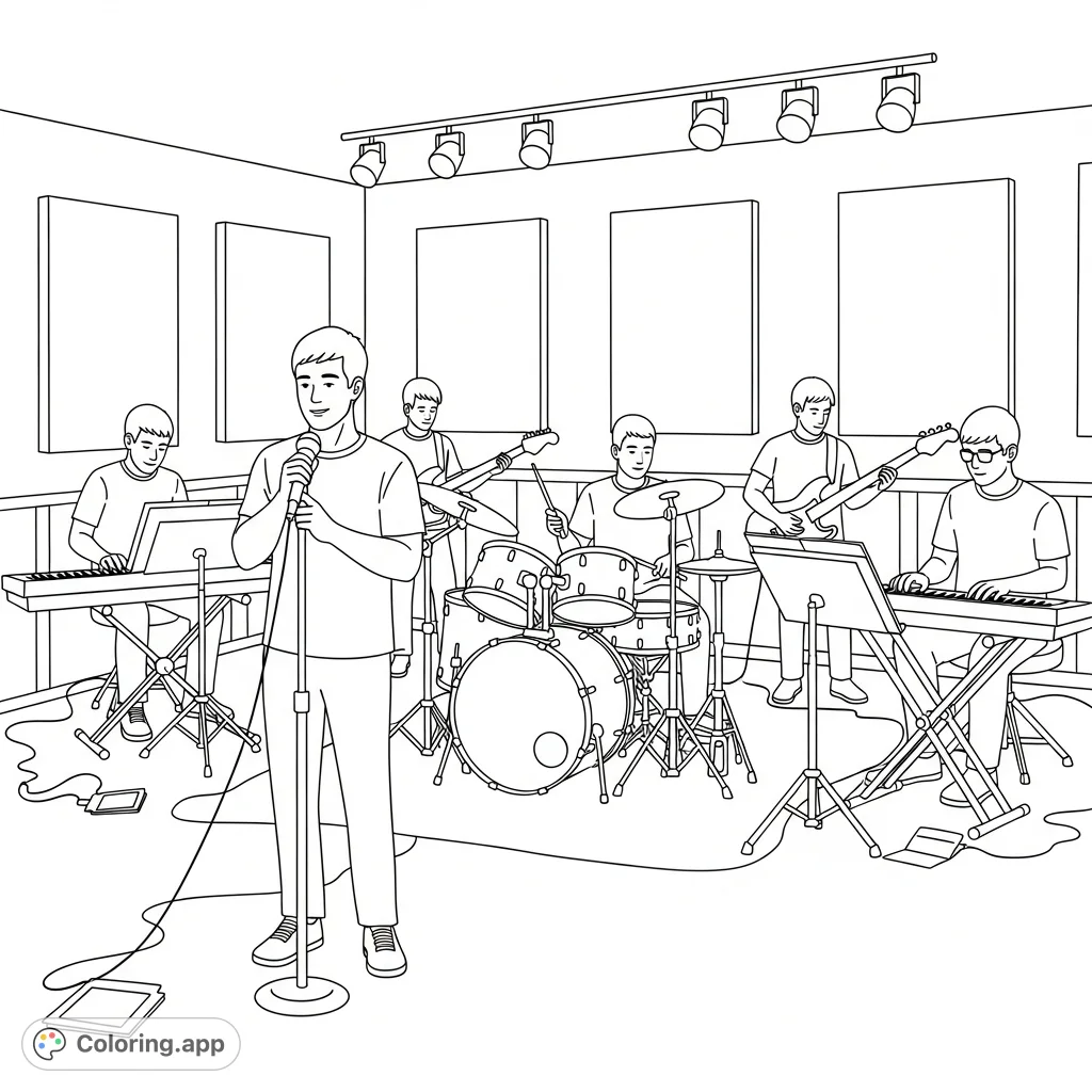 An energetic band practice scene featuring a singer with a microphone and musicians playing various instruments. A vibrant group activity coloring page.