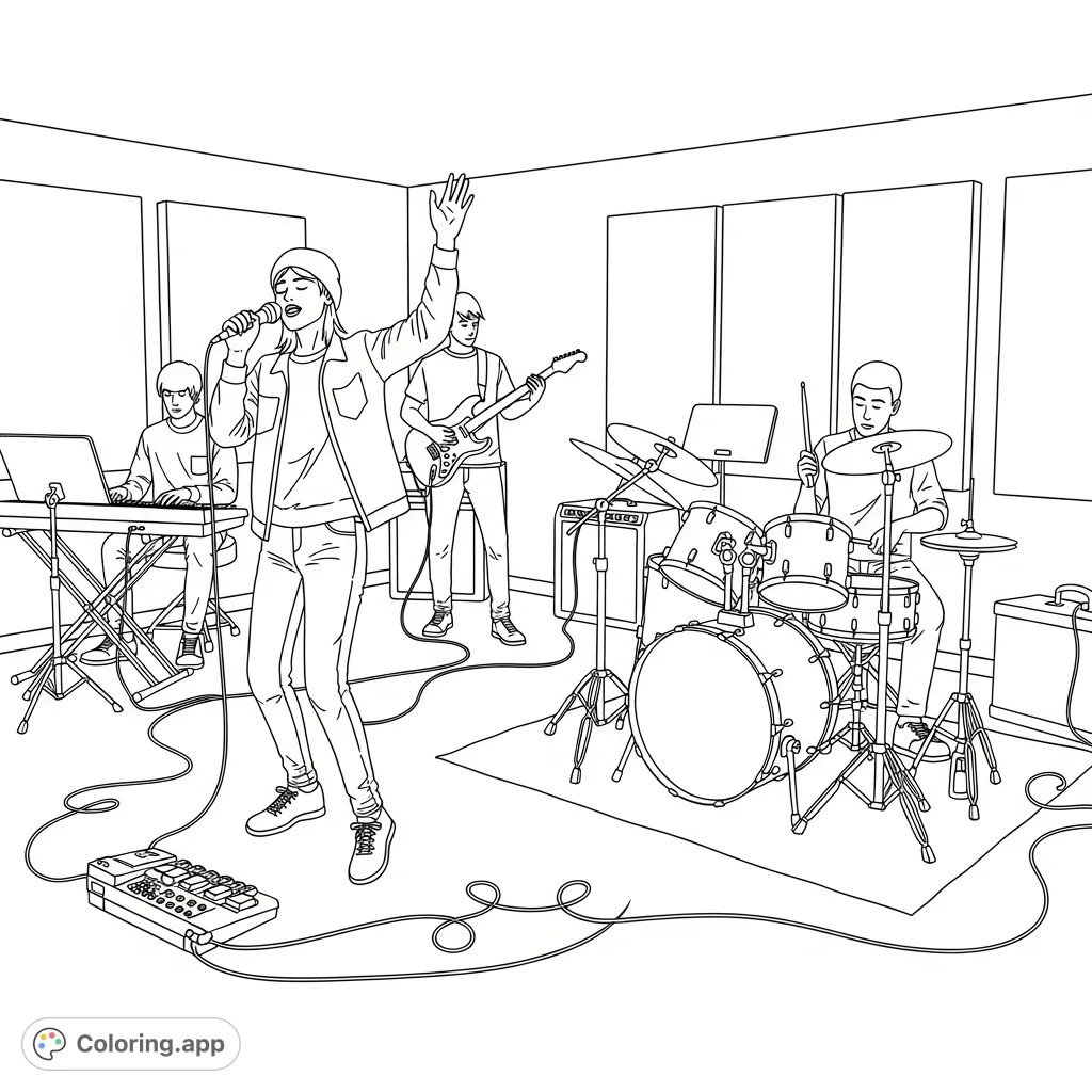 Capture the energy of a band practice with a singer, guitarist, drummer, and keyboardist. A dynamic music scene awaits your creative touch.