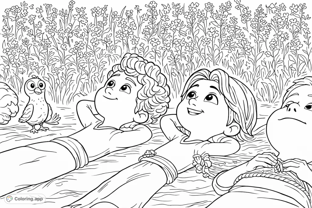 Three friends and a bird relax, gazing upward amidst a field of flourishing flowers and tall grasses, inviting a peaceful coloring experience.