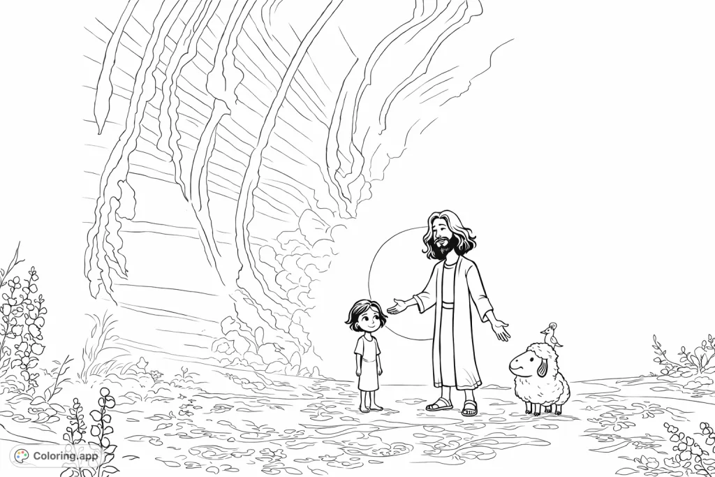 A serene landscape features a gentle, bearded figure, a child, and animal companions under a dramatic sky. Perfect for peaceful coloring and imaginative storytelling.