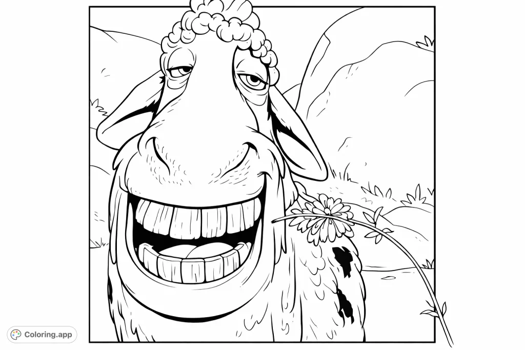 A joyful cartoon sheep with a wide, open-mouthed grin and a delicate flower, perfect for a whimsical and cheerful coloring adventure.