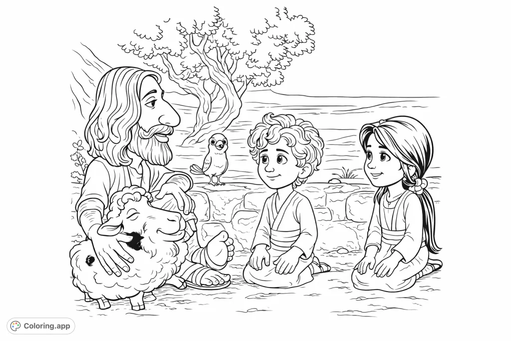 A heartwarming biblical story coloring page featuring a teacher with children and a sheep, symbolizing guidance and care. Perfect for quiet reflection.