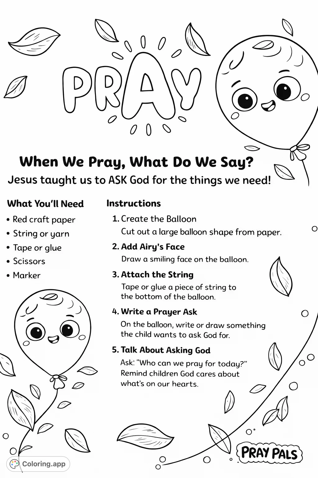 A heartwarming PRAY coloring page featuring friendly, smiling balloons, scattered leaves, and a prominent 'PRAY' word design, perfect for kids to engage with faith.