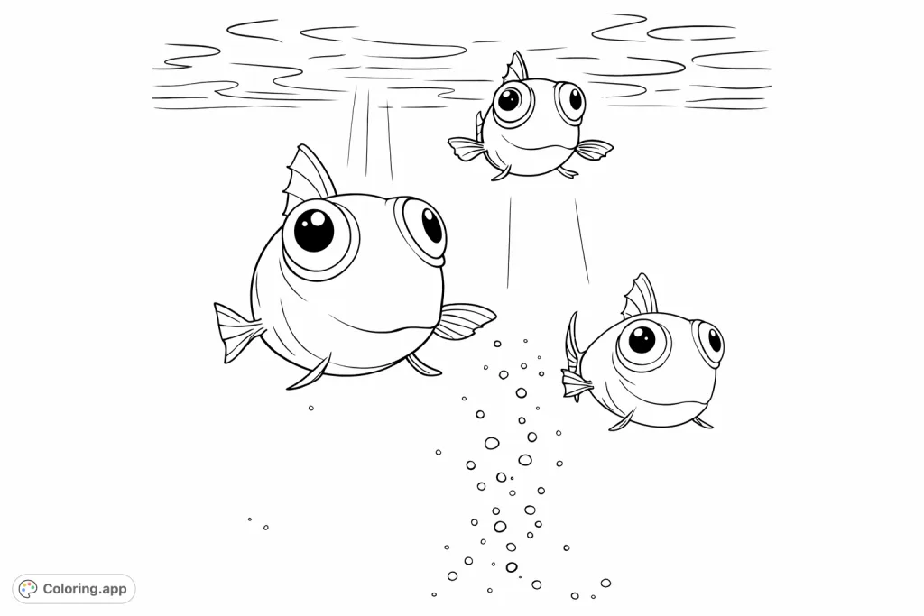 Dive into an enchanting underwater scene with three adorable, wide-eyed cartoon fish swimming among light shafts and bubbles. A fun and whimsical marine adventure.