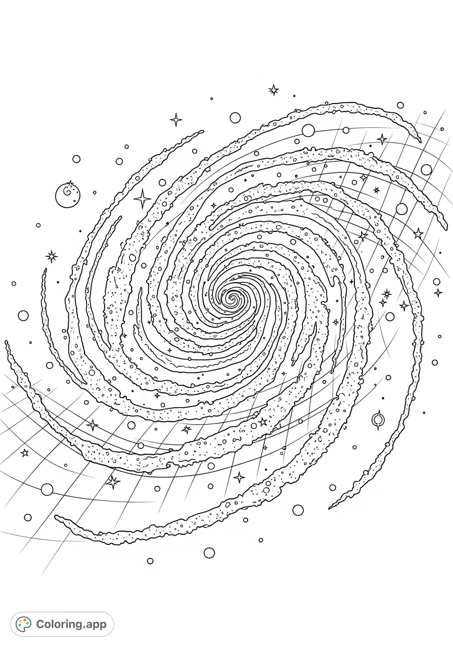 Explore a breathtaking, highly detailed spiral galaxy coloring page, adorned with countless stars and intricate cosmic patterns, perfect for celestial enthusiasts.