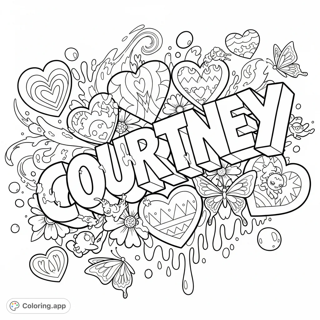 Unleash creativity with a dynamic graffiti-style Courtney coloring page. Bold 3D letters, intricate hearts, flowers, and butterflies against a bubbly, dripping background await your artistic touch.
