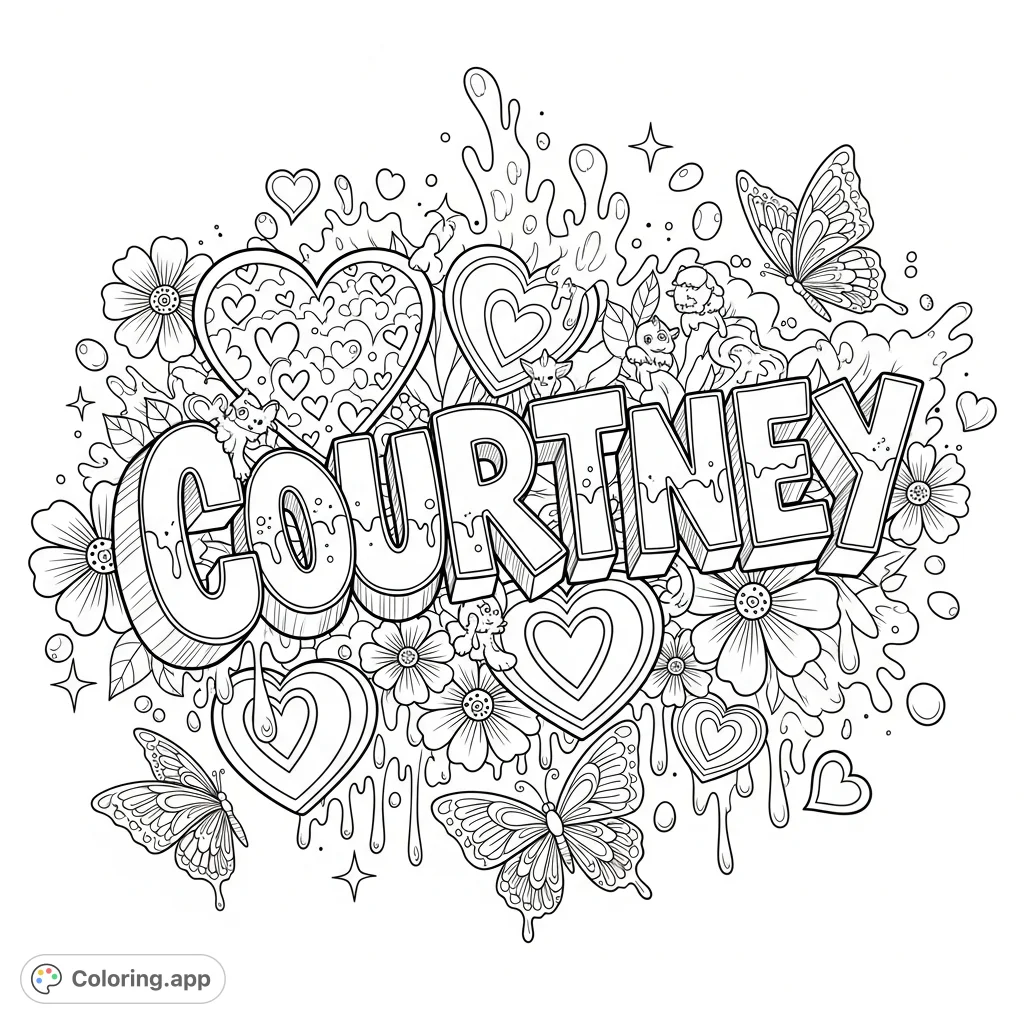 A dynamic graffiti-style coloring page featuring "Courtney" in bold 3D letters, surrounded by hearts, detailed flowers, and delicate butterflies against a bubbly, dripping background.