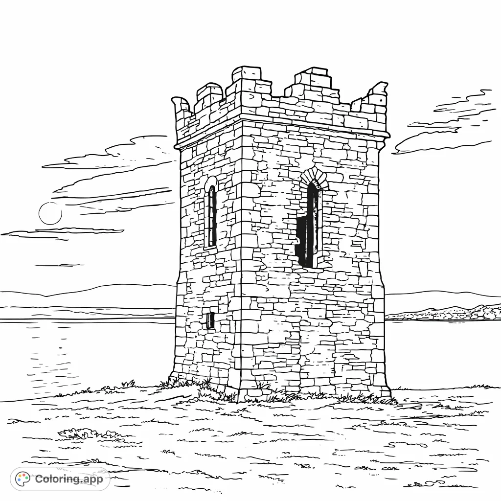 Explore an ancient stone tower perched on a grassy cliff overlooking a serene expanse of water, with distant hills under a vast sky.