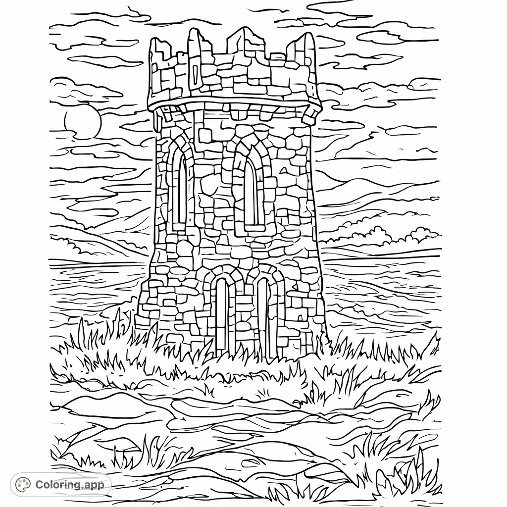 Explore an ancient stone tower amidst textured hills, wavy waters, and a dynamic sky. A scenic landscape awaiting your creative touch.