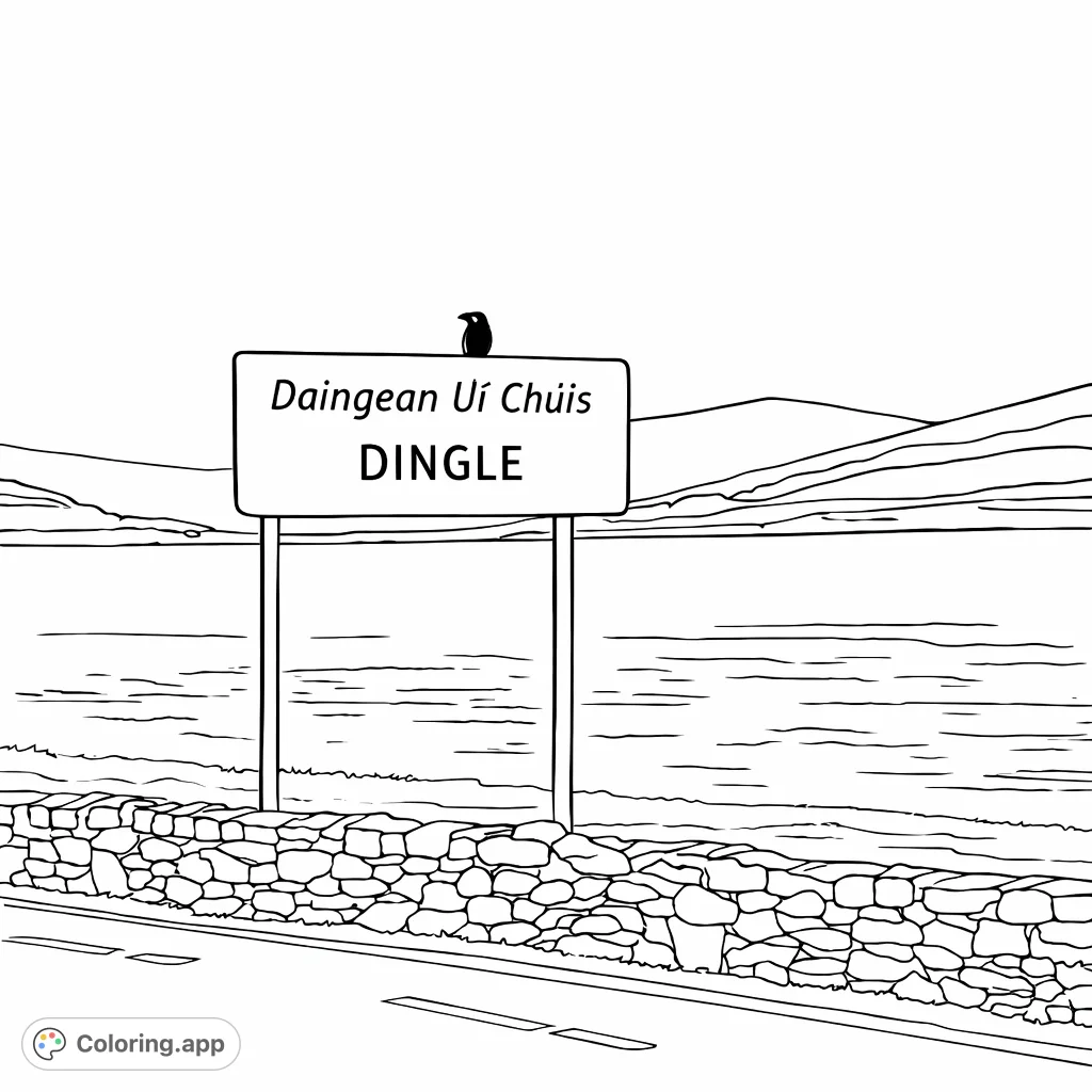 A serene Dingle Bay coloring page featuring a peaceful bird perched on a road sign, set against rolling hills and tranquil waters. Free printable.