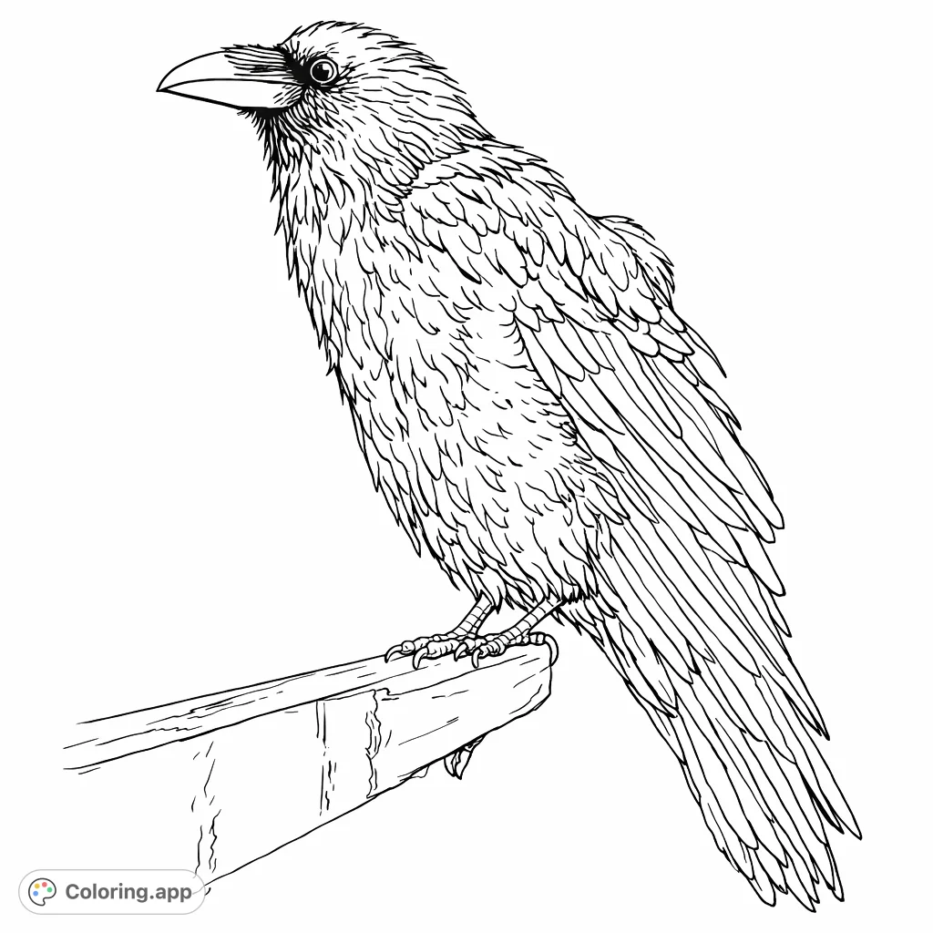 Capture the intricate beauty of a majestic crow perched on a wooden beam, featuring detailed feathers and a serene background. Perfect for nature lovers.