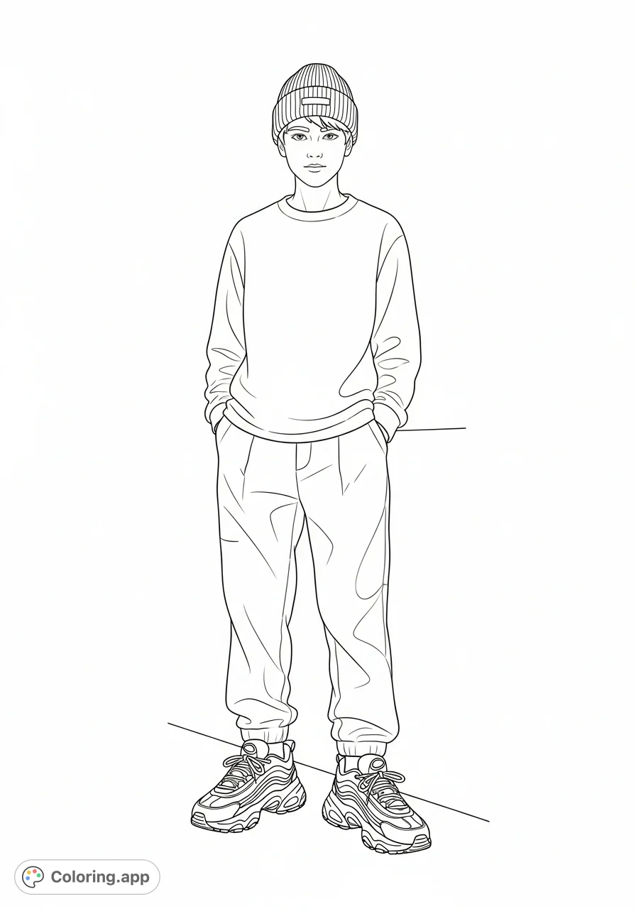 Capture urban cool with this teenager street style coloring page. Features chunky sneakers, casual attire, and a beanie for a modern look.