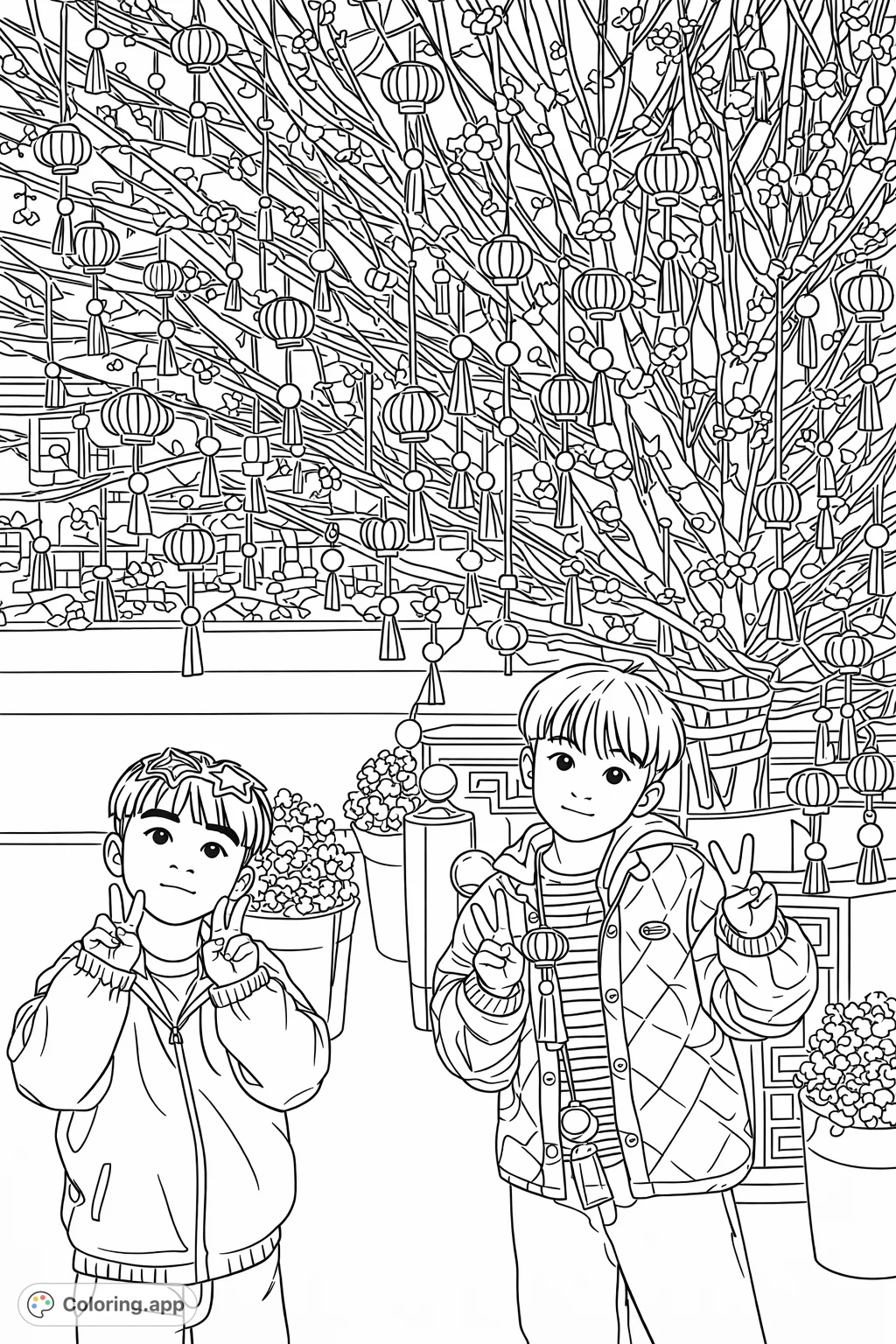 Two cheerful children pose in front of a grand, decorated tree filled with intricate lanterns and flowers, creating a heartwarming and festive scene.