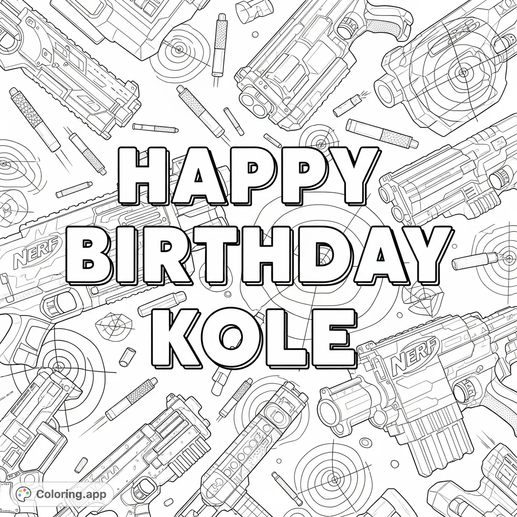 Celebrate with a dynamic Nerf gun theme coloring page featuring blasters, darts, targets, and the prominent message "HAPPY BIRTHDAY KOLE"!