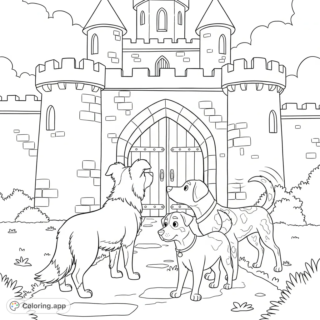 A charming castle dogs coloring page featuring three distinctive canine companions—Striker, Echo, and Chili—exploring a majestic castle.