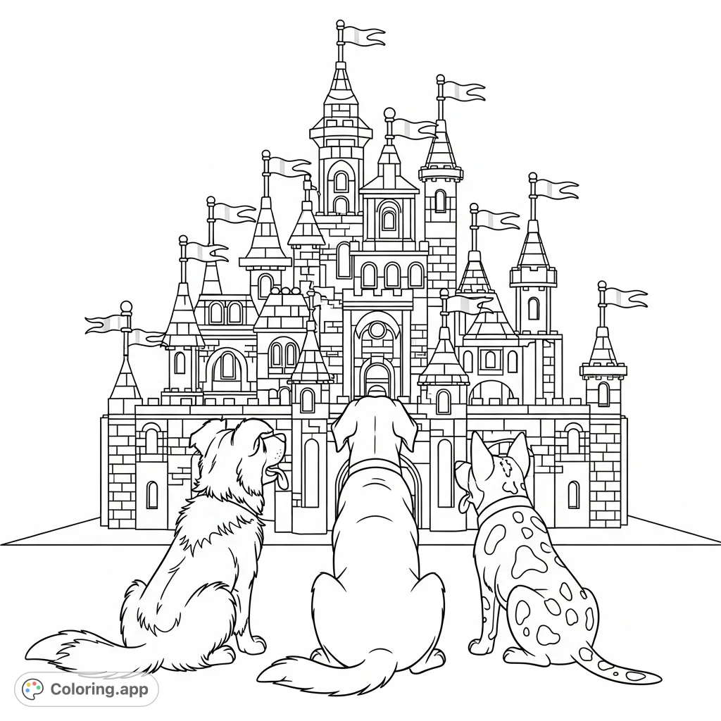 A delightful Lego castle coloring page featuring Striker the border collie, Echo the lab, and Chili the cattle dog mix, tails wagging with curiosity.