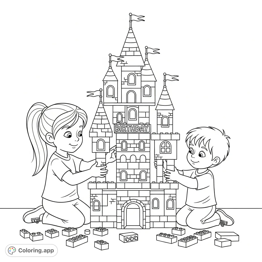 Join Merryn and JJ as they construct a grand Lego birthday castle, complete with turrets, flags, and scattered blocks, a fun building adventure!