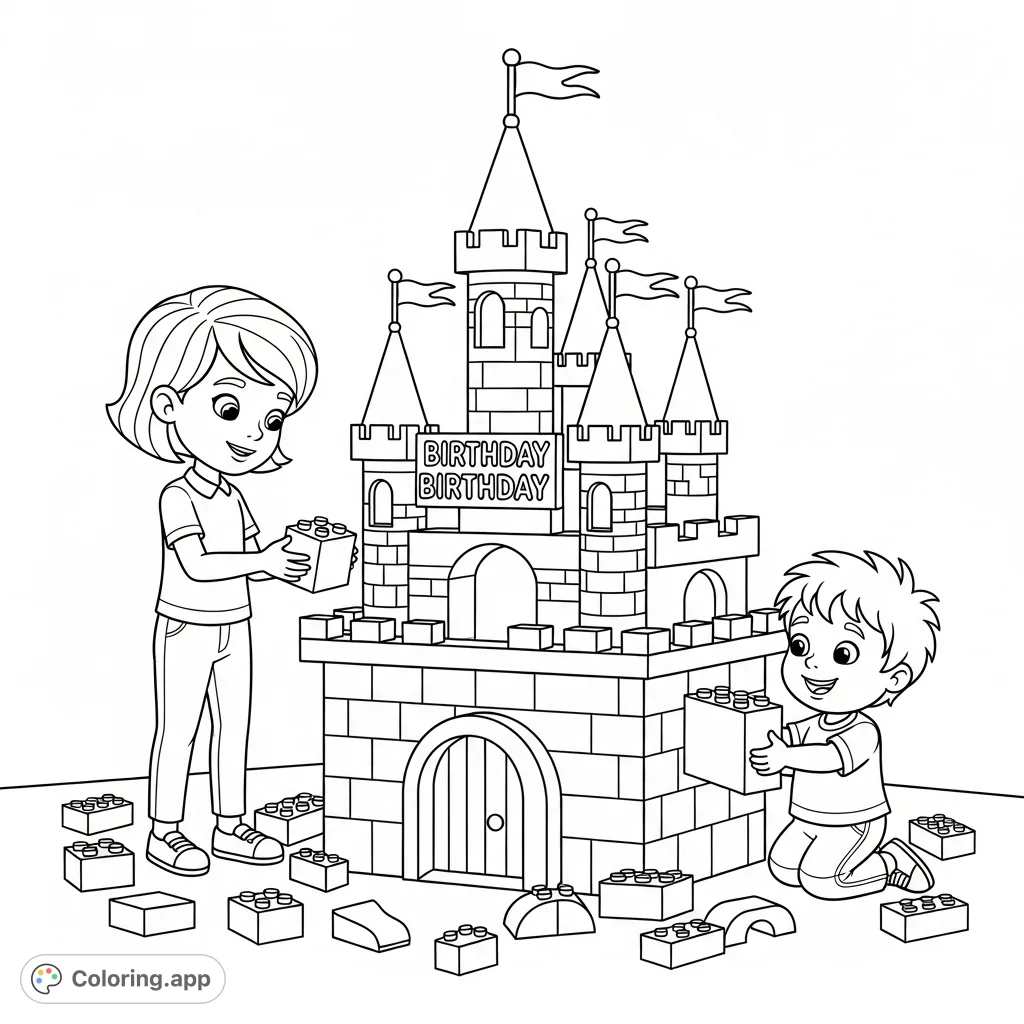 A heartwarming Lego building scene with Merryn and JJ constructing a grand birthday castle, featuring stacks of blocks and festive details.