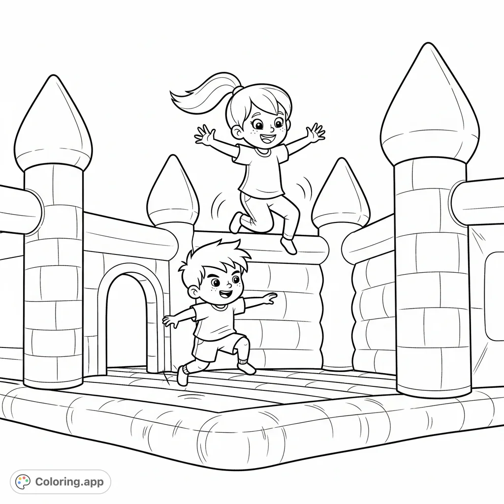 Join Merryn and JJ for a joyful bounce house adventure! This free printable coloring page captures their playful leaps and boundless energy.