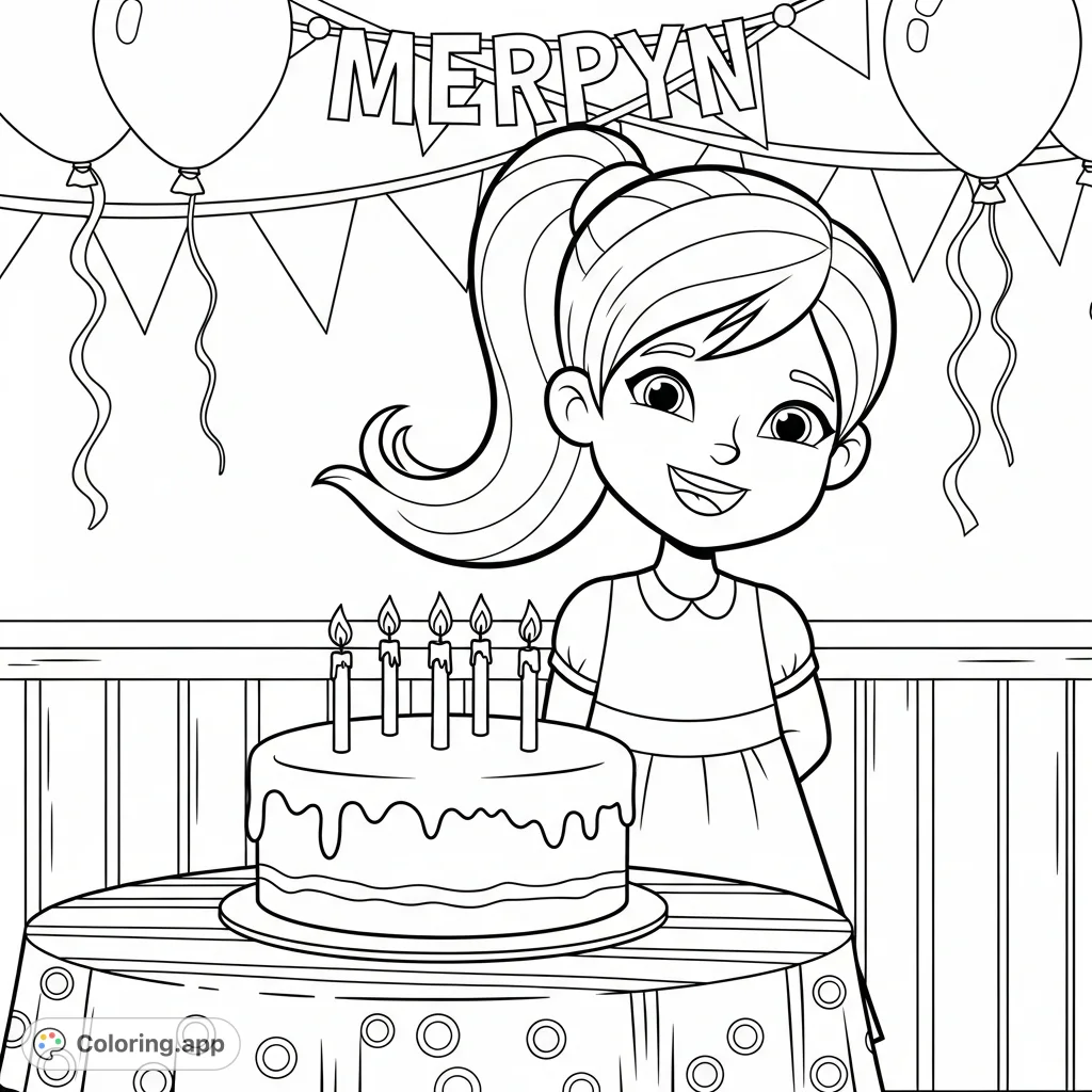 Celebrate Merryn's special day! A joyful 5-year-old girl with a long ponytail stands proudly beside her birthday cake, adorned with five candles, amidst festive decorations.