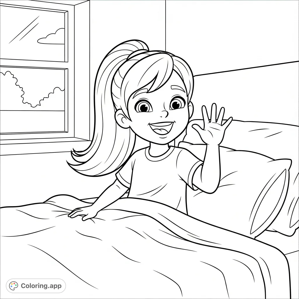 Celebrate Merryn's special day with this delightful coloring page! A joyful 5-year-old girl with a ponytail smiles, holding up five fingers.