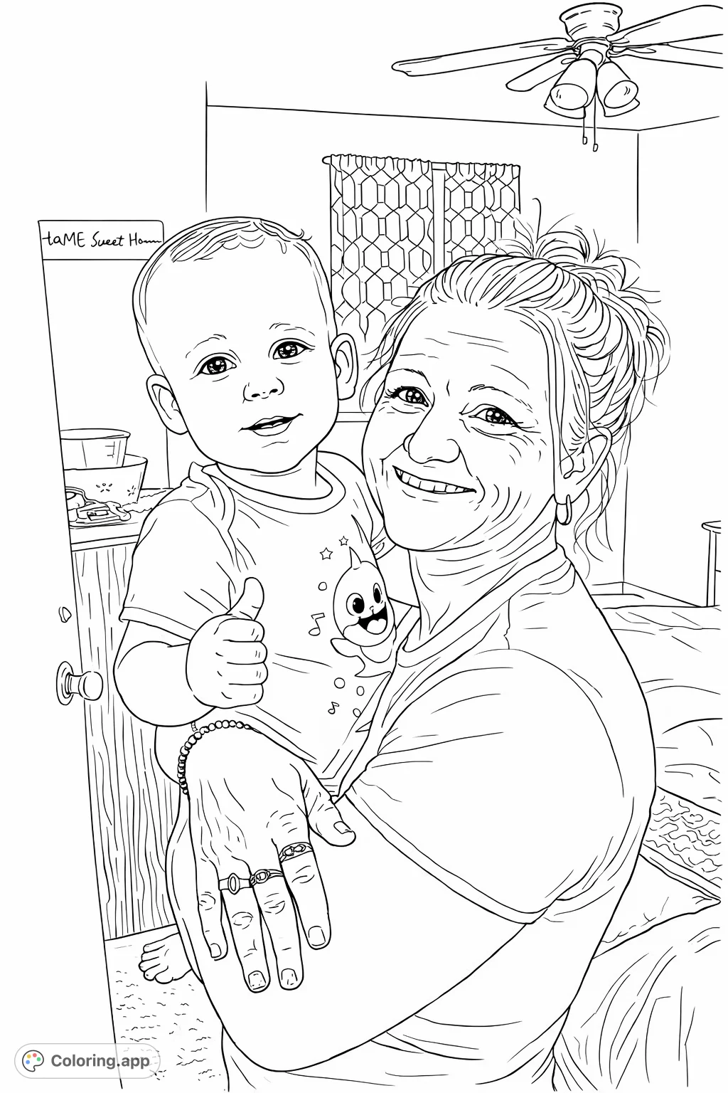 A heartwarming scene featuring an adult lovingly holding a smiling child giving a thumbs-up, surrounded by home comforts. Perfect for family-themed coloring.