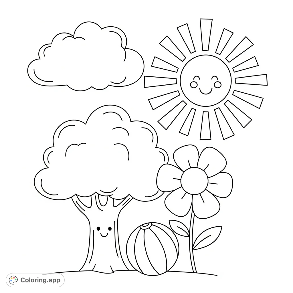 A super simple whimsical scene featuring a friendly cloud, smiling sun, happy tree, and bouncy ball, perfect for young children to enjoy coloring.