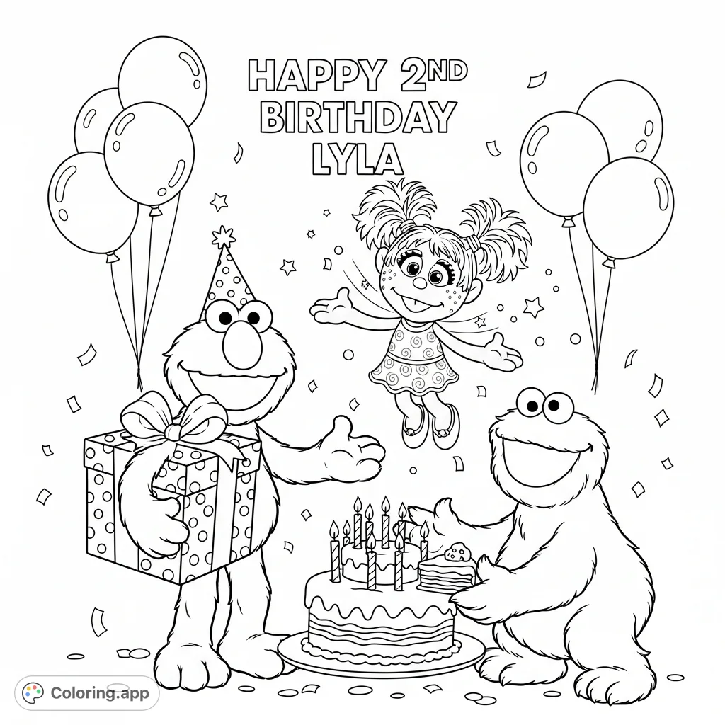 Celebrate with Elmo, Abby Cadabby, and Cookie Monster at a delightful Sesame Street birthday party! Features a cake, gifts, balloons, and "Happy 2nd Birthday Lyla".