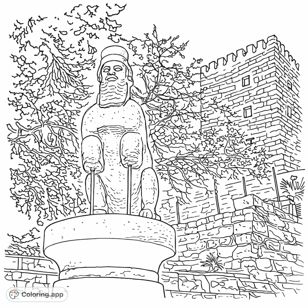 Color a detailed ancient sphinx statue, gazing upon a majestic stone castle surrounded by rugged trees. A fascinating historical scene awaits your creative touch.