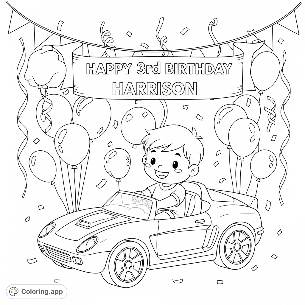 A delightful coloring page featuring Harrison in his toy Hot Wheels car amidst festive balloons, streamers, and confetti, with a "Happy 3rd Birthday Harrison" banner.