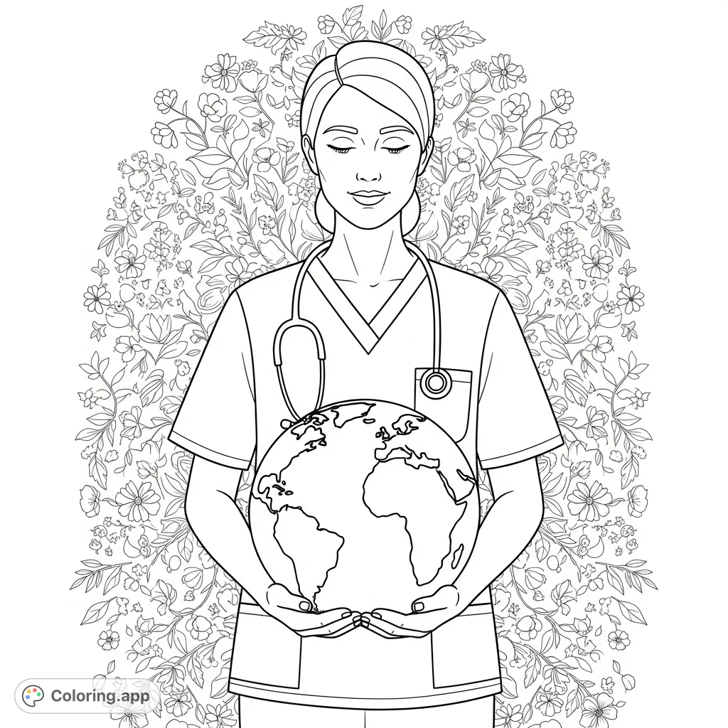 A compassionate nurse cradles a world globe, symbolizing global healing and strength. Features scrubs, stethoscope, and a peaceful expression against a floral background.