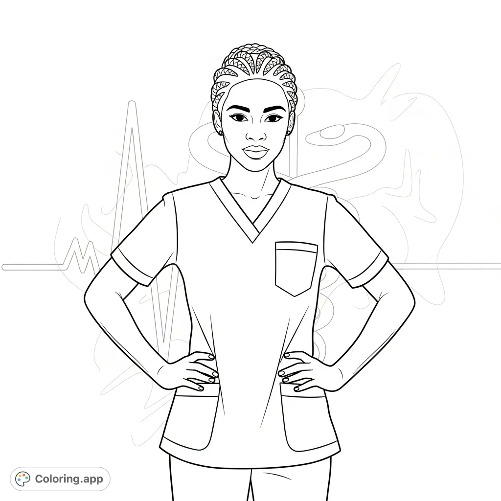 An African American female nurse stands strong in an empowerment pose, ready to inspire. Celebrate healthcare heroes with this free printable nurse coloring page.